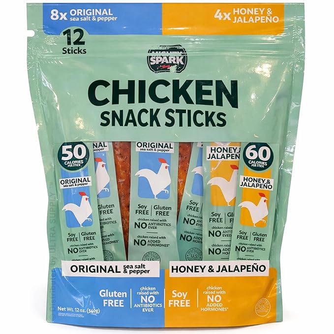 Mighty_Sparks Chicken Snack Sticks 12 ct with Original Sea Salt &amp Pepper and Honey &amp Jalapeno Gluten Free Soy Free Meat Sticks - High Protein Keto Snacks