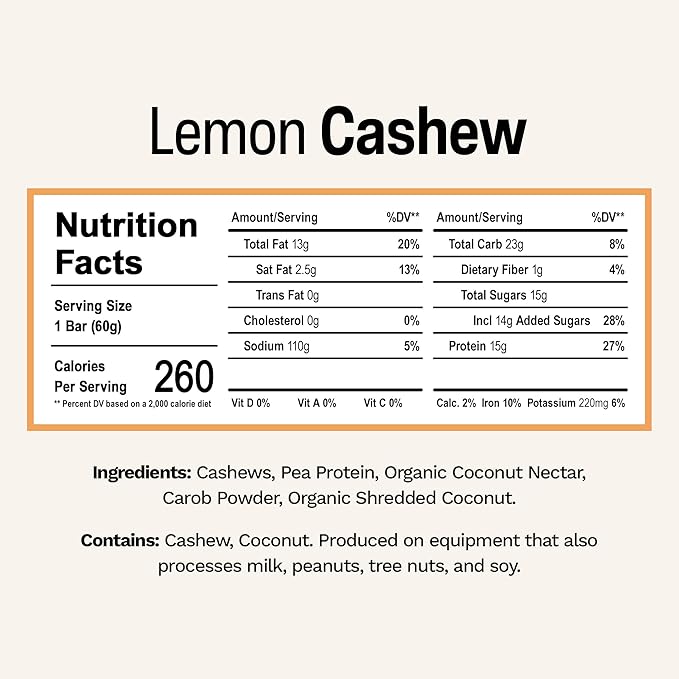 Rise Pea Protein Bar - Vegan Lemon Cashew | Breakfast Bar &amp Protein Snack 15g Protein Just 3 Whole Food Ingredients Non-GMO Gluten-Free Soy Free