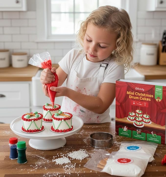 Mini Christmas Drum Cakes STEM Baking Kit for Kids Holiday Educational Cooking Activity Set with Ingredients Tools &amp Step-by-Step Guide Fun Hands-On Learning Christmas Treats &amp Creative STEM