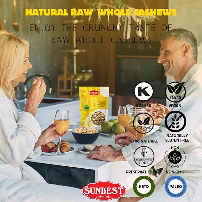 Sunbest Natural Raw Whole Cashews – 48 oz (3 lb) Bulk Bag – Unsalted Unroasted Cashews Vegan Gluten-Free Non-GMO – Perfect for Snacking Cooking &amp Baking
