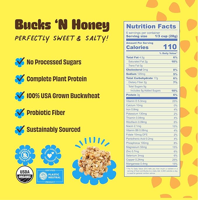 Clusterbucks Superfood Clusters – Grain-Free Keto-Friendly Granola with Regeneratively Grown Sprouted Buckwheat– Gluten-Free Low-Carb Organic Healthy Snack (3-Pack Bucks 'n Honey)