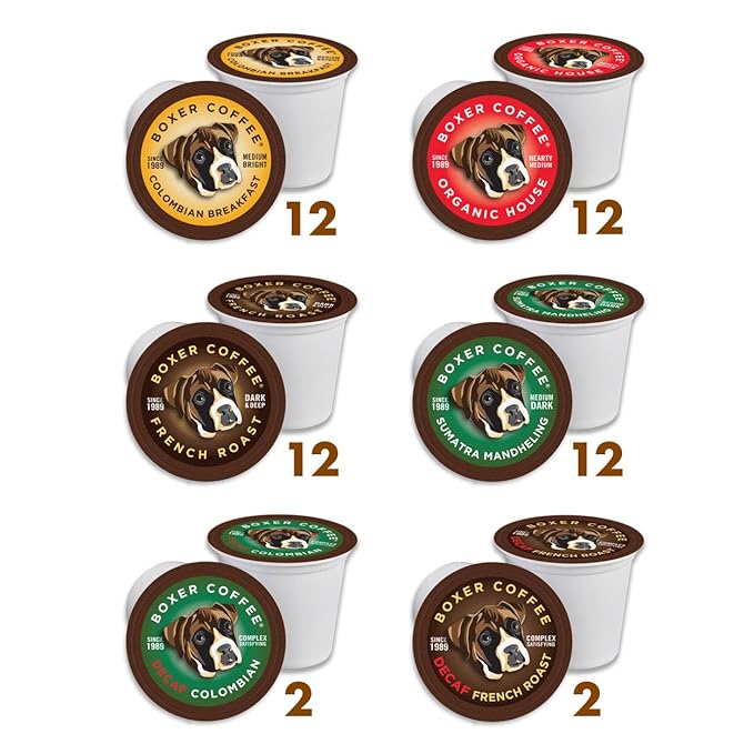 Boxer Coffee Variety Pack Sampler – 52 Count Medium Roast Single-Serve Coffee Pods Colombian Organic House French Roast Sumatra Decaf Swiss Water – Specialty Grade Gourmet Coffee Compatible with