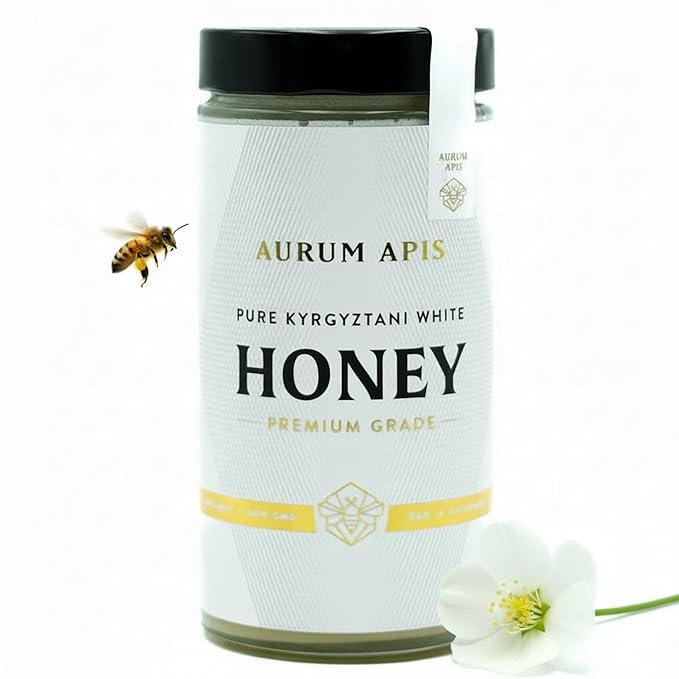 Aurum Apis Raw Kyrgyzstani White Honey 100% Raw &amp Unfiltered Pure Honey Hand Harvested Organic Honey Non-GMO Unprocessed Thick Honey with Creamy Texture Delicate Flavor &amp Aroma – 1kg Hone