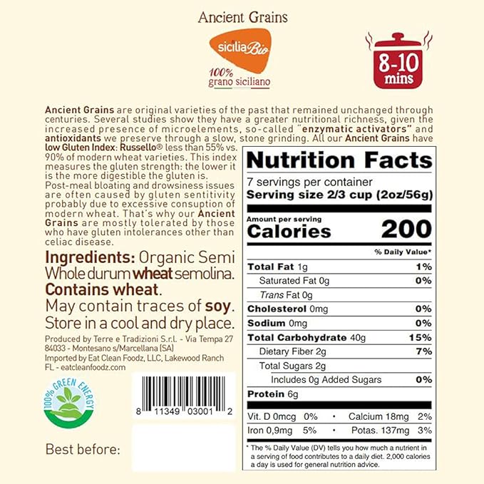 Tere e Tradizionni Organic Timilia/Tumminia Low-Gluten Index Semi-Whole Wheat Busiate Pasta - Ancient Grains Grown in Sicily Italy - Al Dente Texture - Non-GMO - Lower Carb - No Sugar Added - High in