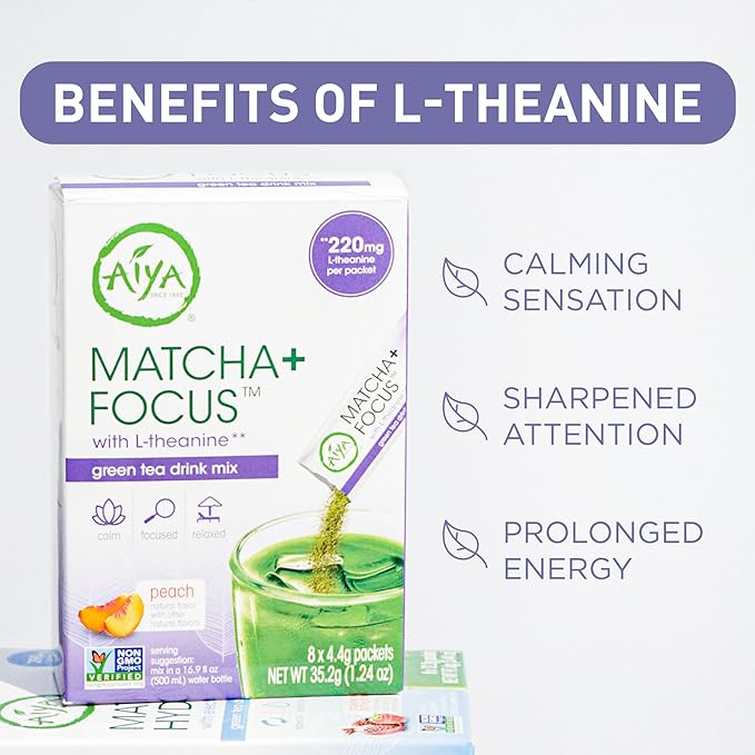Aiya Matcha+ Focus™ - Peach Flavored Matcha Drink Mix with L-Theanine - 220mg L-Theanine - Natural Focus Booster - Premium Japanese Matcha Green Tea Powder - 8 Sticks