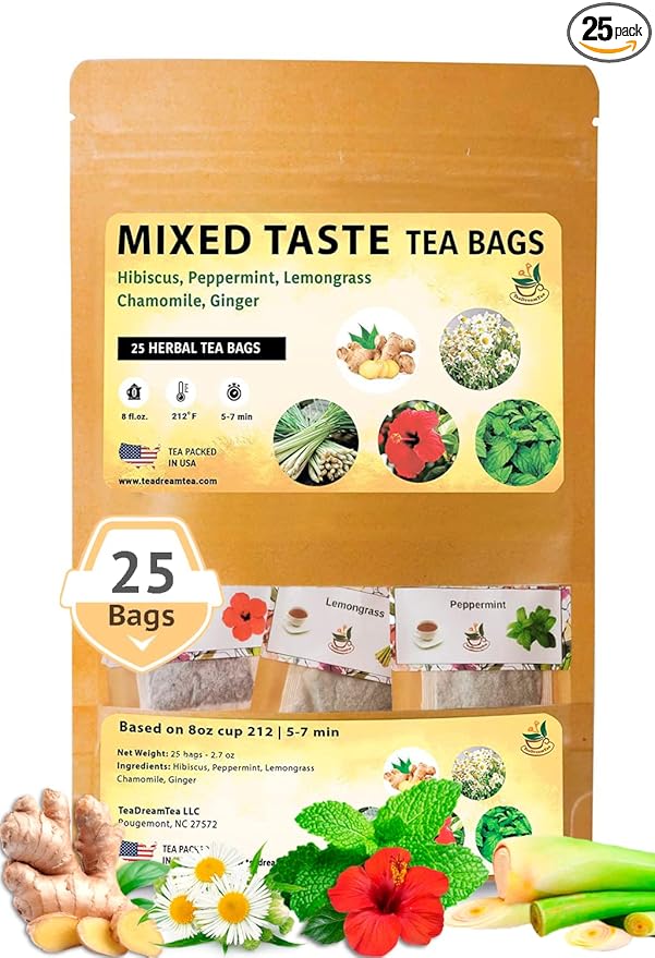 TeaDreamTea Tea Bag Sampler | 25 Bleach-Free Tea Bags | Caffeine Free | Dried Hibiscus Flowers | Ginger Lemongrass Chamomile &amp Peppermint Tea Bags