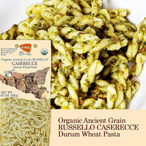 6 PACKS ORGANIC ITALIAN SEMI WHOLE DURUM WHEAT CASERECCE PASTA – Sicilian Ancient Grain Russello Vegan Pasta Crafted in Italy. LOW-GLUTEN INDEX. Has 6X More Fiber and Protein than Popular Grains