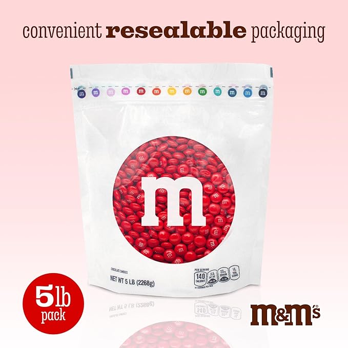 M&ampM’S WORLD Red Milk Chocolate Candy 5lb Resealable Pack for Candy Bars Birthday Parties 4th of July Christmas Valentine's Day Dessert Tables and Party Favors