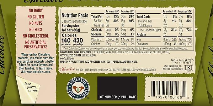 Chocolove Chocolate Bar Ginger Crystallized in Dark Chocolate 3.2 Ounce (Pack of 12)