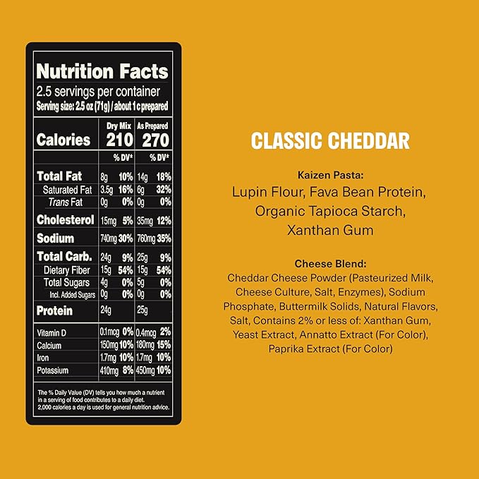 Kaizen High Protein Cheddar Mac &amp Cheese - Low Carb Keto Friendly High Fiber Gluten-Free Plant-Based Non-GMO - 6.4 Ounces (Pack of 3)