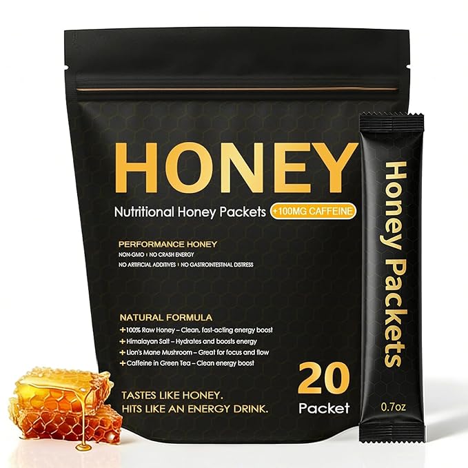 Nutrition Honey Packets Organic Honey Energy Packets with Green Tea Caffeine Himalayan Salt and Lion's Mane Mushroom Workout Gels for Exercise Running &amp Hiking 20 Pack