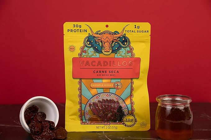 Vacadillos - High Protein Carne Seca | 30g Protein Sugar Free Carbs Free Gluten Free Dairy Free Keto &amp Paleo Friendly | Mexican Inspired Beef Jerky Snack | Chipotle Honey Pack Of 4