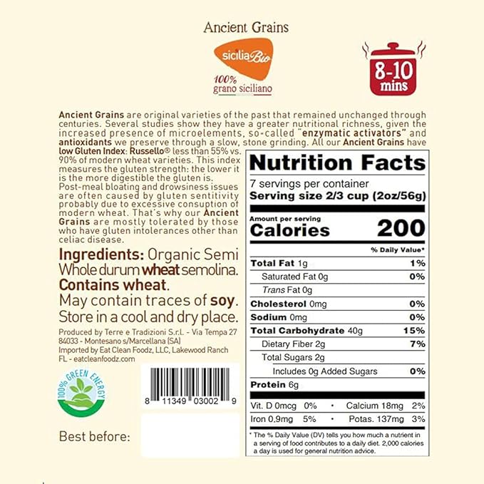 6 PACKS ORGANIC ITALIAN SEMI WHOLE DURUM WHEAT CASERECCE PASTA – Sicilian Ancient Grain Russello Vegan Pasta Crafted in Italy. LOW-GLUTEN INDEX. Has 6X More Fiber and Protein than Popular Grains