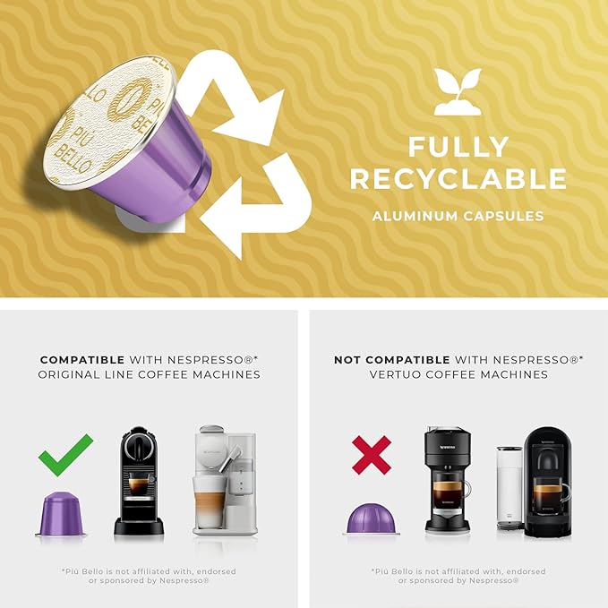 Piu Bello Coffee Pods - Nespresso Machine (Original) Compatible Capsules Pack - Rich &amp Balanced Taste - Strong Italian Espresso Flavored - Kosher Certified (120 Count Single Flavor) (Roga)