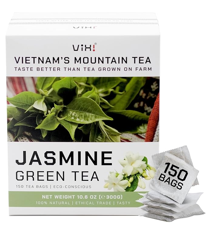 VIXI Jasmine Green Tea Bags 150 Counts Vietnam's Mountain Tea Flavored Aroma Tagless Sugar Free 100% Natural from Ancient Tea Tree for Hot and Cold Brew