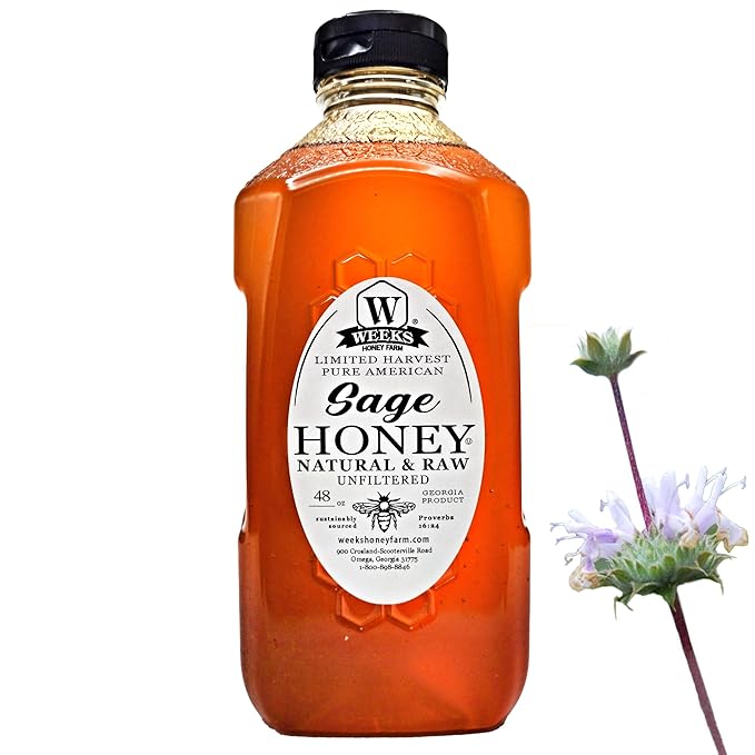 Weeks Raw Sage Honey Harvested Wild from the American West | Mild Sophisticated Flavor | Sweetener for Herbal Teas Yogurt Cheese Platters or Gourmet Baking | Product of California (48 oz)