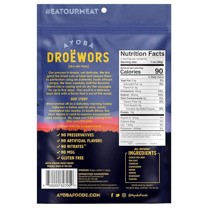 Ayoba Traditional Duo Grass Fed Beef Biltong &amp Droewors Bundle (4 Ounce Pack of 2) - Authentic South African Protein Snacks - Keto-Certified Paleo-Certified Gluten Free and Sugar Free