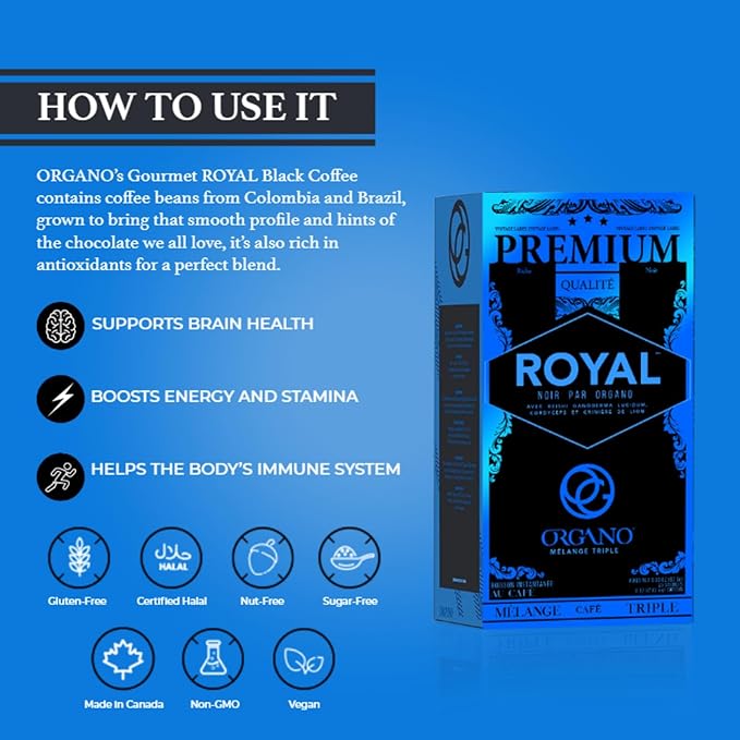 3 Boxes ORGANO Royal Black Medium Dark Roast Instant coffee. Infused with Triple Mushroom Blend Ganoderma Cordyceps and Lion's Mane. Aromatic and flavorful Ground Coffee Beans (75 Sachets)