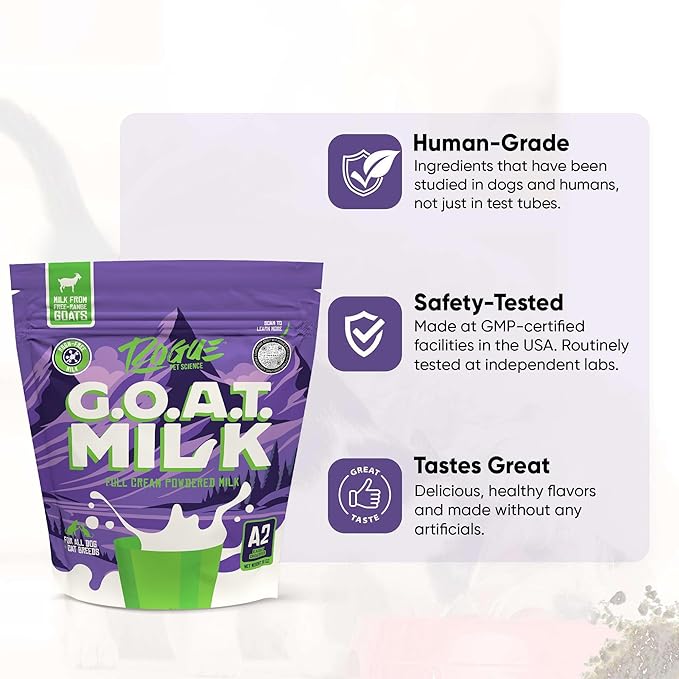 Rogue Pet Science G.O.A.T Milk – Powdered Goat Milk for Dogs and Cats. One 16-oz Bag Makes 6 Quarts. Human Grade A2 Powder for Adult Pets Senior Hydration Puppy and Kitten Food Topper