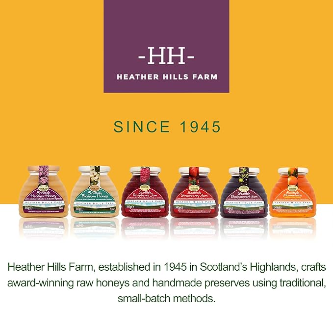 Heather Hills Farm Raw Scottish Heather Honey Jar 340g (12oz) - Highland Wild-flowering Purple Ling Heather Artisanal Pure Natural Honey Traditional British Food Gift &amp Spread Made in Scotland