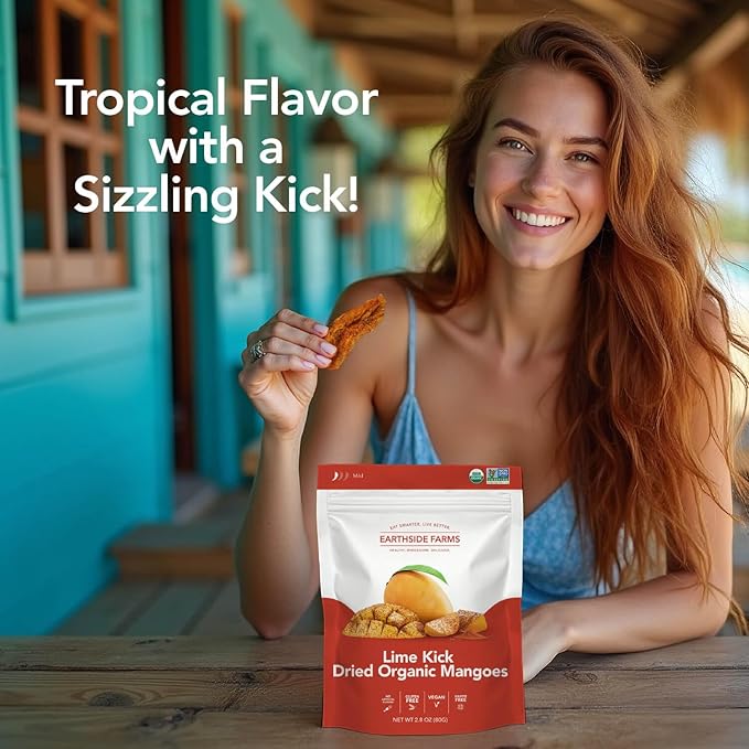 Earthside Farms - Dried Organic Mangoes Lime Kick Dried Mangoes Sweet and Spicy Gluten Free No Sugar Added Non GMO Organic Vegan Snack Naturally Sweet and Flavorful (2.8oz 6 pack)