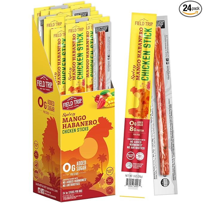 Field Trip Spicy Mango Habanero Chicken Jerky Sticks - Hormone Free Zero Sugar Keto Paleo Gluten Free and Allergy Friendly Snack - 50 Calorie High Protein Snacks - 1oz 24 Pack