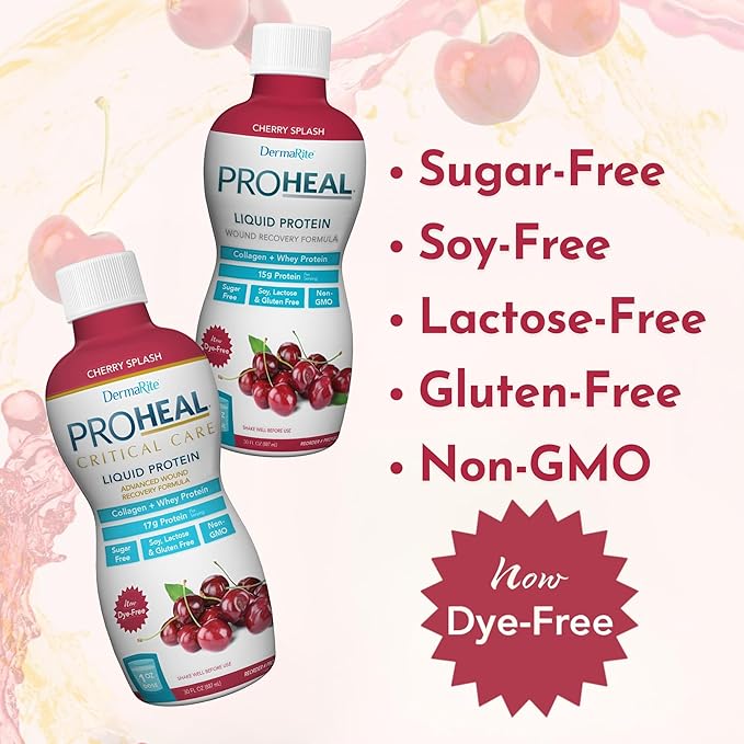 DermaRite's ProHeal Protein Supplement - Liquid Protein Wound Recovery Formula 15g of Collagen &amp Whey Protein - Cherry Splash Flavor 30 oz. 6 Count