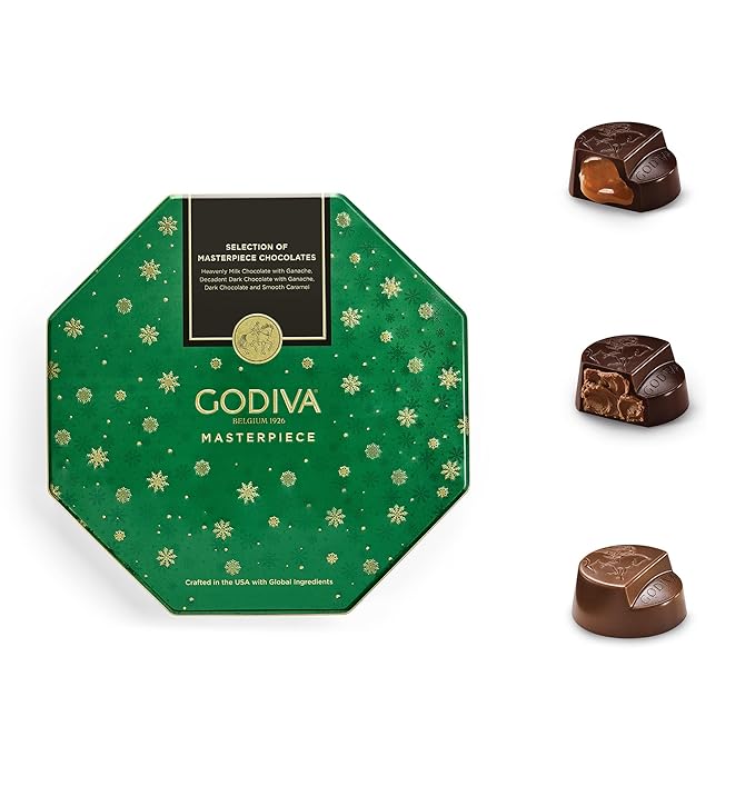 Godiva Holiday Masterpiece Gift Tin Assorted Milk &amp Dark Chocolates with Ganache and Caramel Gourmet Christmas Gift Kosher &amp Halal 50 Pc