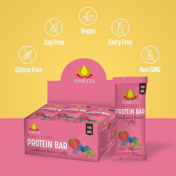 Amrita Nut Free Sunflower Butter &amp Jelly Vegan Protein Bars ( 12 CT PK of 3 ) | 11g Plant-Based Protein Bar | Peanut Free Gluten Free and Dairy Free | Low Sugar High Fiber Healthy School-Safe