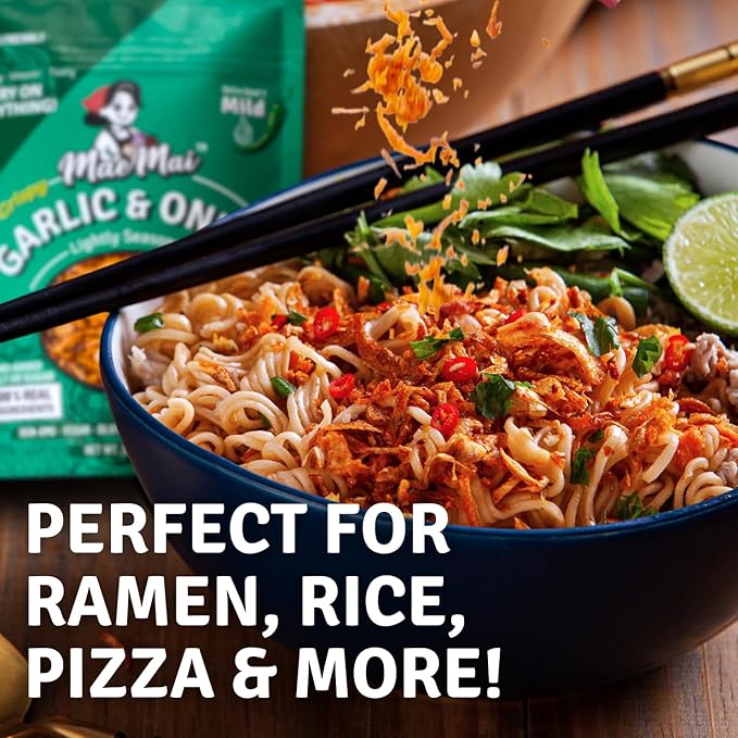 MaeMai Chili Crisp (MILD Spice) - Premium Onion &amp Garlic Flakes - Crispy All-Purpose Seasoning Topper | Keto vegan gluten-free. Crunchy condiment for ramen add ons rice seasoning salads | 9.5