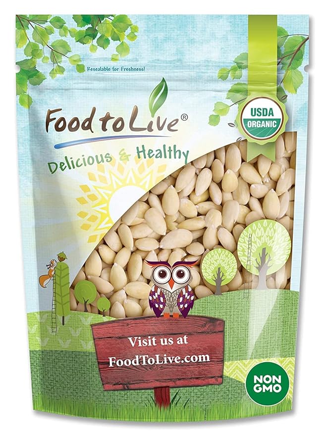 Food to Live Organic Blanched Whole Almonds 5 Pounds - Non-GMO Raw Unpasteurized Unsalted Keto Paleo Kosher Bulk High in Protein Dietary Fiber Vitamin E Manganese and Riboflavin.