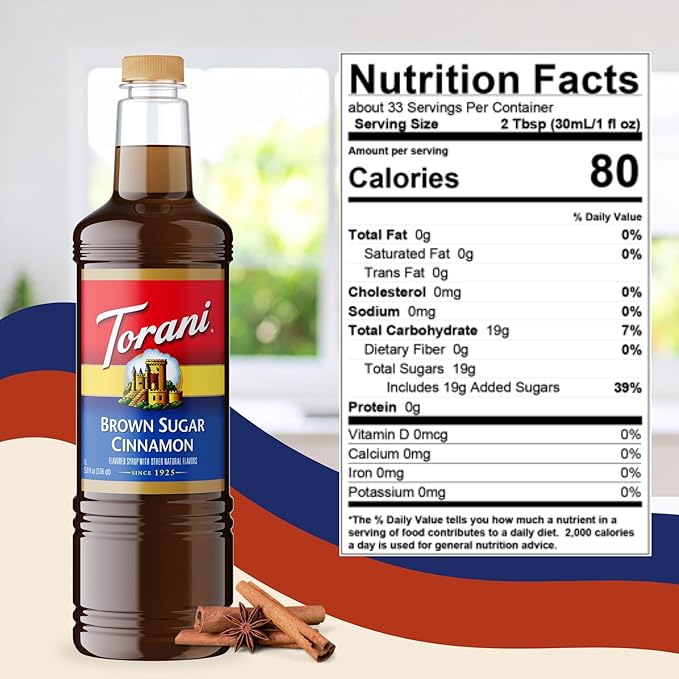 Torani Brown Sugar Cinnamon Syrup 1 Liter Bottle with Pump – Premium Coffee Flavoring Made with Pure Cane Sugar &amp Natural Flavors for Lattes Oatmeal Cocktails &amp Desserts – Café-Quality Sweet