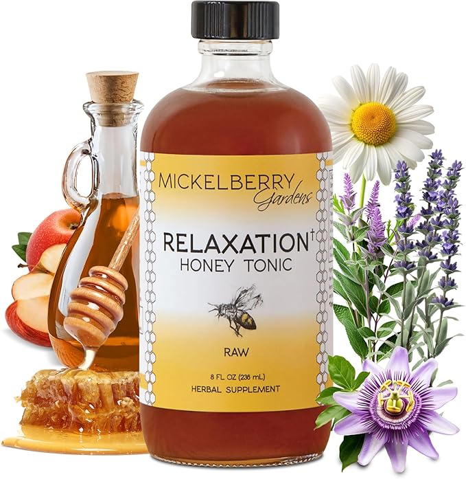 Mickelberry Gardens Relaxation Honey Tonic – Natural Tension Relief &amp Sleep Support with Chamomile Lavender &amp Organic Herbs – 8 Oz