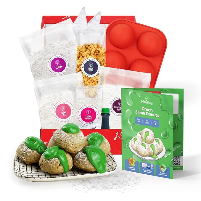 Baketivity Green Donut Kids Baking Kit | Edible Kit for Girls &amp Boys Ages 6-12 | Baking Set with Pre-Measured Ingredients &amp Donut Mold