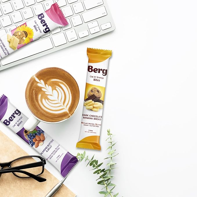 Berg Oat N' Energy Bites - Dark Chocolate Banana Bread - Non-GMO Gluten Free Dairy Free Soy Free and Vegan - Clean Energy Snack - 1.5oz (8 Pack)