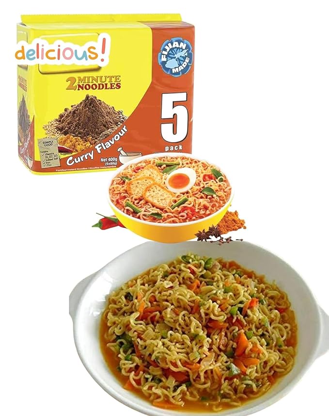 2 Minute Instant FIJI Noodles - Mild Spicy CURRY Flavor with Seasonings (2 x 5 Packs) To boost the goodness in your bowl So Delicious Meal in 2 Minutes