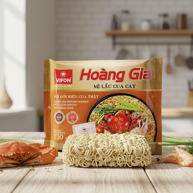 VIFON Hoàng Gia Spicy Crab Hotpot Instant Noodles 18-Pack (4.4 oz / 130 g each) | Vietnamese-Style Mì Lẩu Cua Cay | With Real Crab Extract | Rich and Spicy Seafood Soup | Ready in 3 Minutes