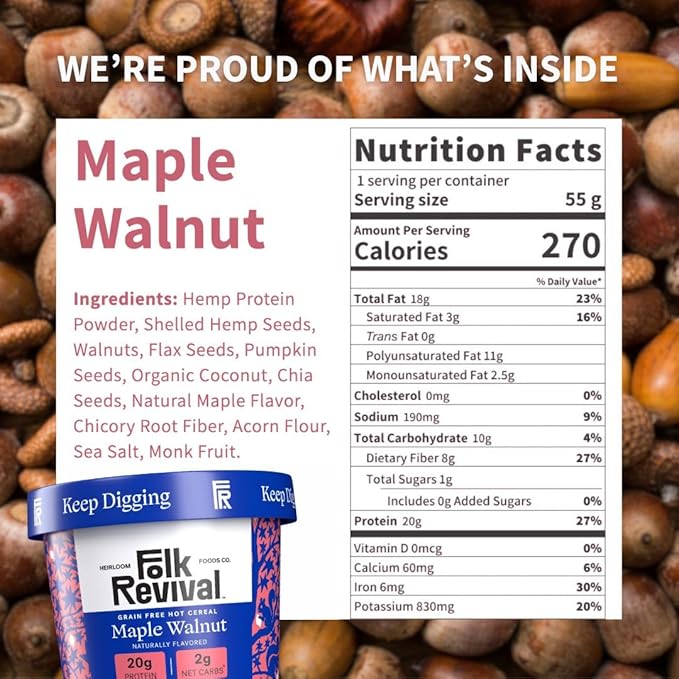 Folk Revival Maple Walnut Keto Instant 'Oatmeal' - 20g Protein 2g Net Carbs High Fiber Non GMO Gluten Free Made with Acorns - 12 Cups Per Case