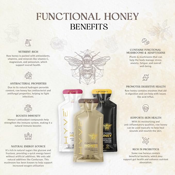HYVE Functional Pre-workout Honey – Caffeine Free Raw Energy Packets with Organic Cordyceps Mushrooms Volcanic Sea Salt &amp Organic Honey – Energy Boost with Natural Adaptogens Pack of 15 Sachets