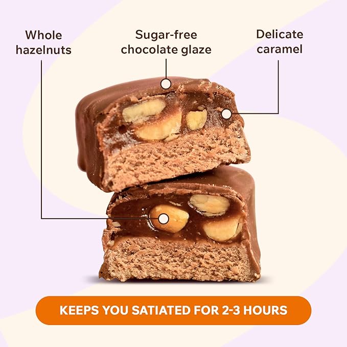 FitnesSHOCK Hazelnut Caramel Protein Bars – Low Sugar Snack Bar (1g Sugar 0g Added Sugar) – 10g Protein – Dessert-Inspired Snack – 12 Count