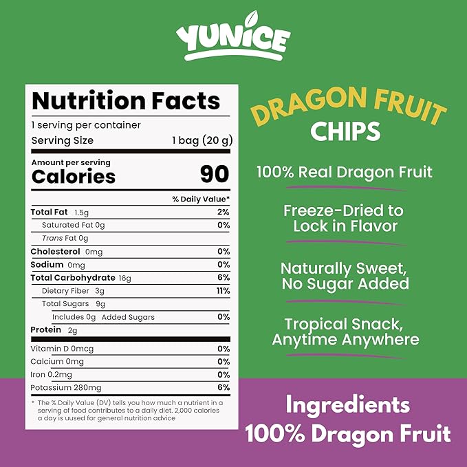 YUNiCE Dragon Fruit Chips freeze dried dragon fruit snack red dragon fruit 100% real fruit no sugar added gluten free plant-based crispy on-the-go pouches DRAGON FRUIT 0.70 Ounce (Pack of 12)