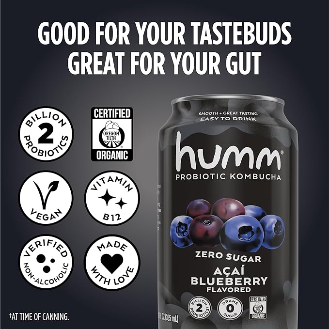 Humm Probiotic Kombucha Zero Sugar Acai Blueberry No Refrigeration Needed Keto Friendly Organic Vegan Gluten Free 12oz Cans (8 Pack)