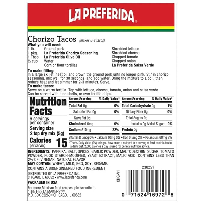 La Preferida Chorizo Seasoning 1 Oz (Pack of 12)