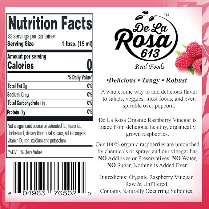 De La Rosa Organic Extra Virgin Olive Oil Raspberry &amp Pomegranate Vinegar 100% Pure Raw &amp Unfiltered Vegan Kosher Non-GMO &amp Gluten Free Great for Salad Dressing &amp More 16.9 Oz (
