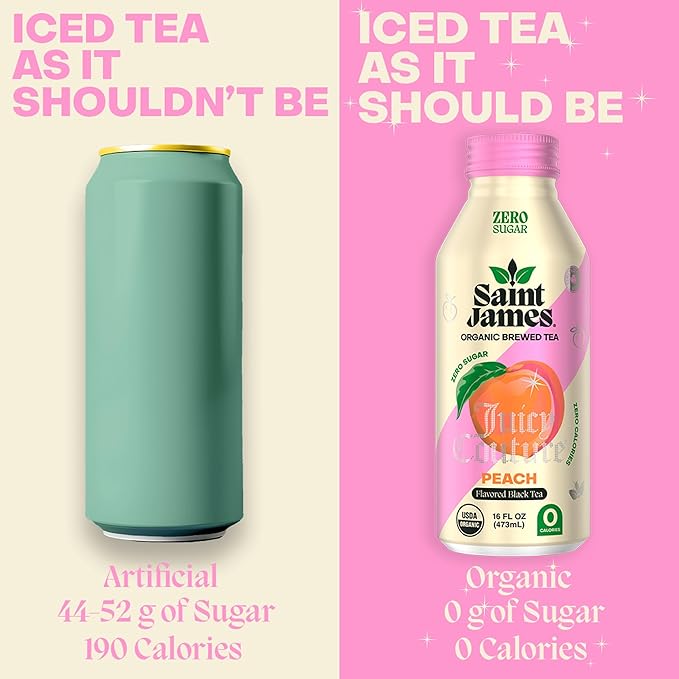 Saint James Iced Tea x Juicy Couture Limited Edition - Organic Black Tea - Non-GMO Gluten Free Zero Calorie Zero Sugar - Juicy Peach 12 Pack (16 fl oz each)