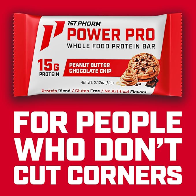 1st Phorm Power Pro Protein Bars Peanut Butter Chocolate Chip Flavor 15G Whole Food Protein Gluten Free Snack Bars for on the Go or Pantry Snacks Made Without Artificial Flavors 15 Count