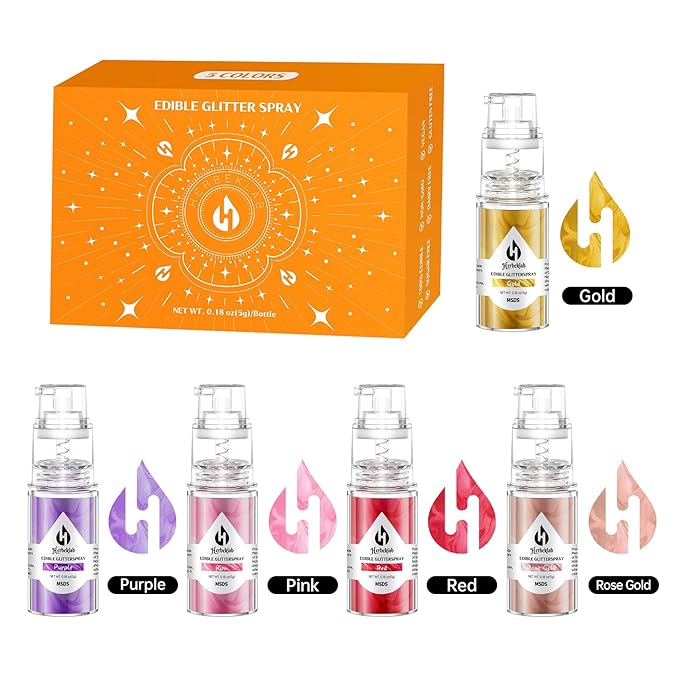 Edible Glitter Spray - Herbeklab 5 Colors Gold Rose Gold Pink Red Purple Edible Spray Glitter Food Grade Metallic Shimmer Powder Cake Sprinkles for Cookie Decorating Chocolate Strawberry 5g/Bottle