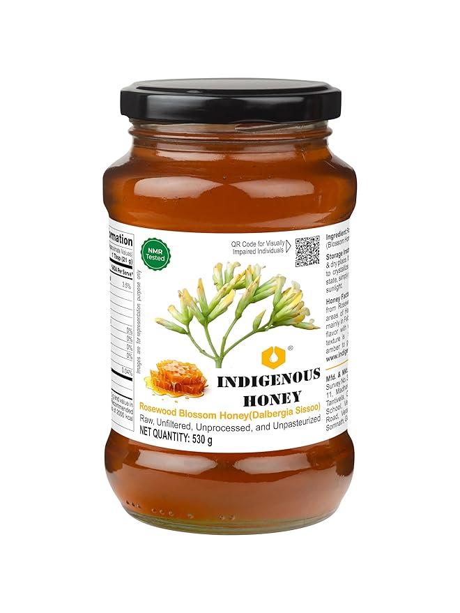 INDIGENOUS HONEY Rosewood Shisham Honey Raw Organic Natural Pure Unprocessed NMR Tested Unpasteurized Unheated 530g Glass Jar Pack of 1