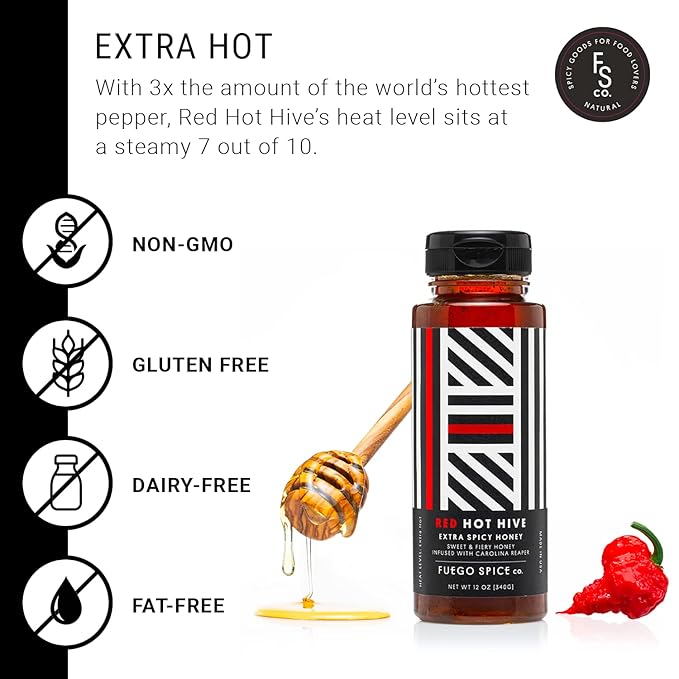 RED HOT HIVE Extra Spicy Honey Sweet &amp Fiery Hot Honey Infused with Carolina Reaper Pepper by Fuego Spice - 12 Oz - Squeeze it on a BBQ Chicken Wings or Try it on a Taco - Heat Level: 7/10