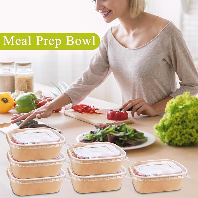 MINCOCO 50 Count Paper Bowls Disposable Meal Prep Containers with Lids【Includes 50 Wooden Forks + 100 Labels】 Salad Food Containers Freezer &amp Microwave Safe Leakproof Soup Bowls (19 Ounce 50-Coun